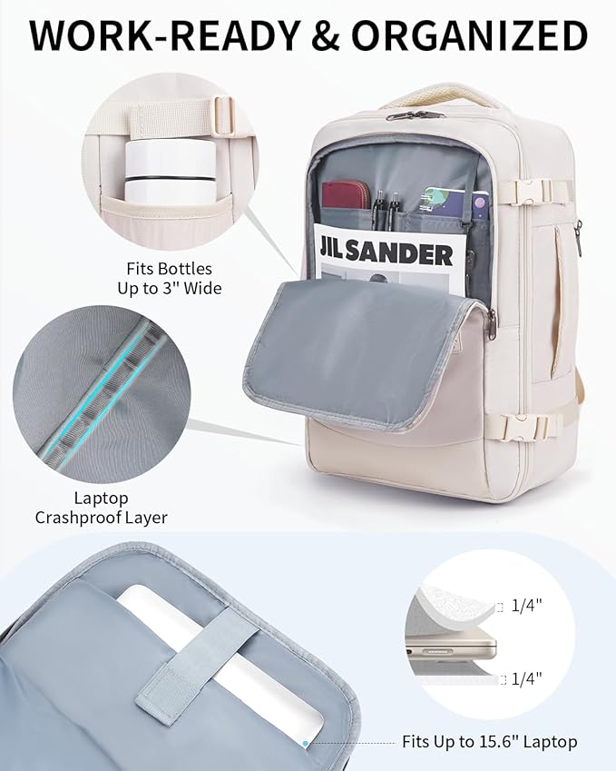 ECOHUB 17" Small Unisex Travel Backpack United Airlines Approved 17x10x9 Friendly Suitcase Anti-Theft Lockable Zippers Style Personal Item Bag Travel Essentials with 12 Pockets Water Resistant, White - Image 4