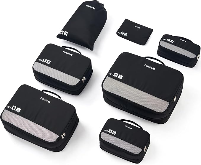 Hanke 7 Piece Expandable Compression Packing Cubes, Premium Travel Packing Organizers for Suitcases/Carry On, Luggage Organizer Bags with Breathable Mesh & Label by Hanke
