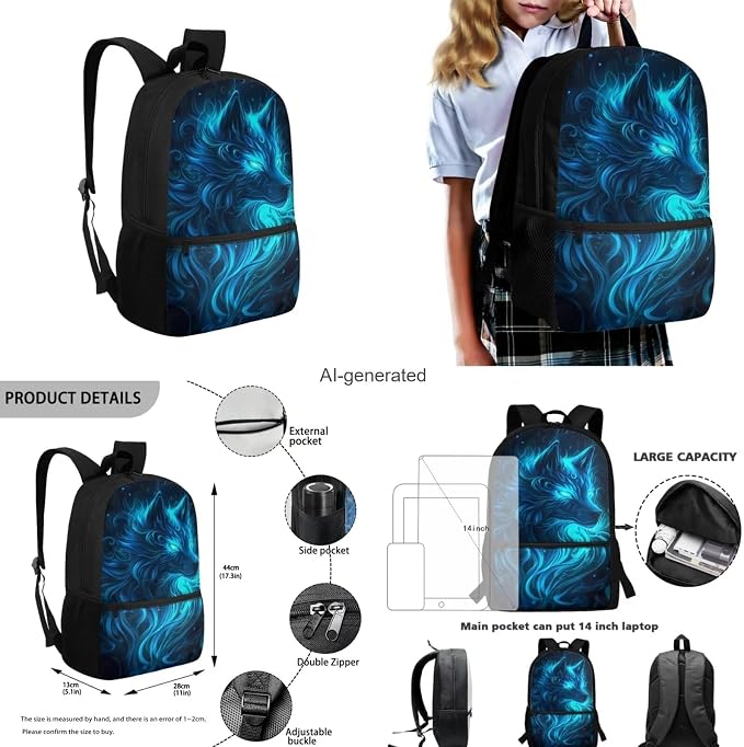 Galaxy Wolf Backpack for Girls Boys Backpack with Lunch Box Water Bottle Carrier with Strap and Big Pencil Case 4PCS Bookbag with Front Pocket for School 17 inch Sturdy School Bag for Kids - Image 3