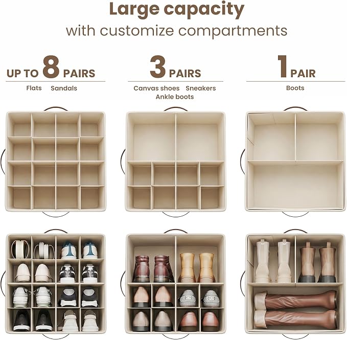 Varhomax Shoe Organizer Box for Closet, Fabric Shoe Storage Bin with Adjustable Dividers & Clear Cover, Holds up 16-32 Pairs of Sneakers & Sandals for Entryway, Cubby - Image 4