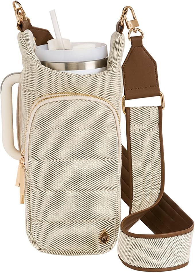WanderFull Original HydroBag HANDLE®, Zipper for Handle, 40 oz Water Bottle Holder w/Strap, Mother’s Day Gift, Crossbody Carrier w/Phone Pocket - Black Matte w/Vegan Leather Strap by WanderFull