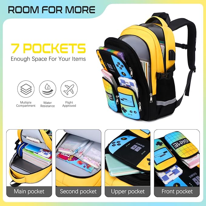 Gamer Backpack for Boys , 3PCS Boys Backpack with Lunch Box & Pencil Pouch, Waterproof School Bags for Boy Kids Children Teens, Elementary Middle School, Kids Book Bag Casual Daypack (Yellow Blue) - Image 3