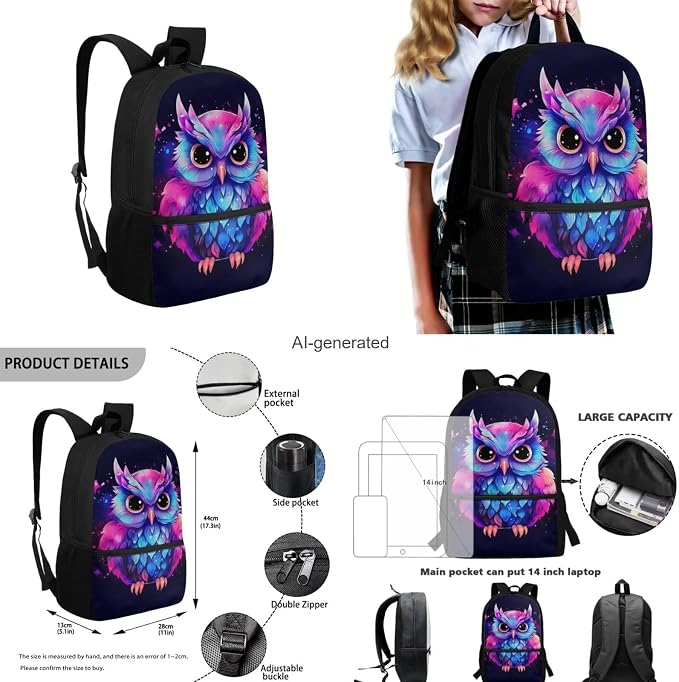 Purple Owl Backpack and Lunch Bag Set for Girls Large Capacity Kids Bookbag with Pencil Case Adjustable Lightweight School Bag for Kindergarten, Elementary & Middle School - Image 3