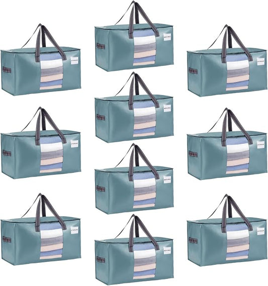 VENO 10 Pack Heavy Duty Moving Bags, Clothes and Comforter Storage Bags with Clear Window, College Dorm Essentials Packing Supplies, Foldable Boxes Alternative (Shiny Light Blue, 10 Pack) by Veno