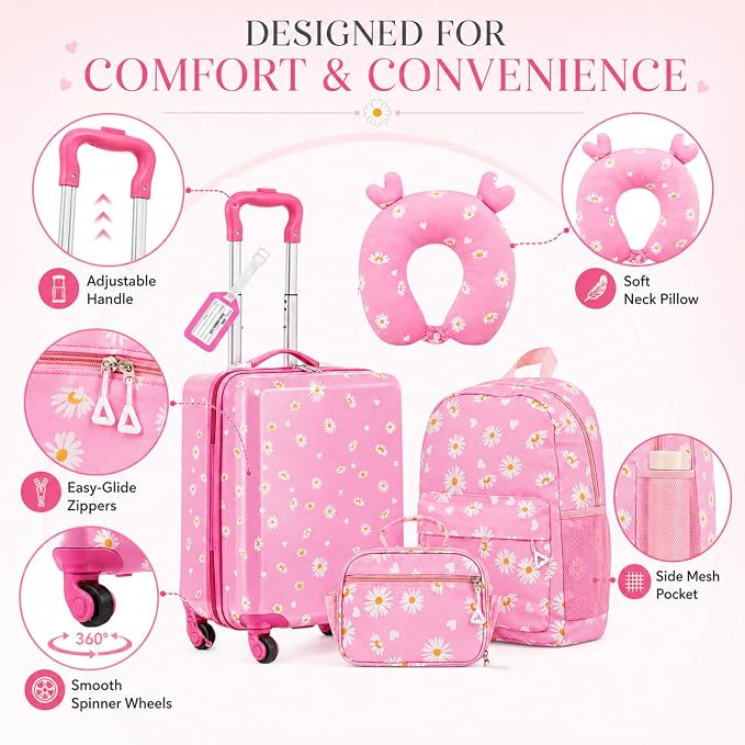 Redbaker 6 Pcs Kids Luggage Set, 17 Inch Rolling Suitcase with Backpack Lunch Bag Neck Pillow, Pink Daisy Travel Set for Summer Vacation Sleepover Back to School Gift - Image 5