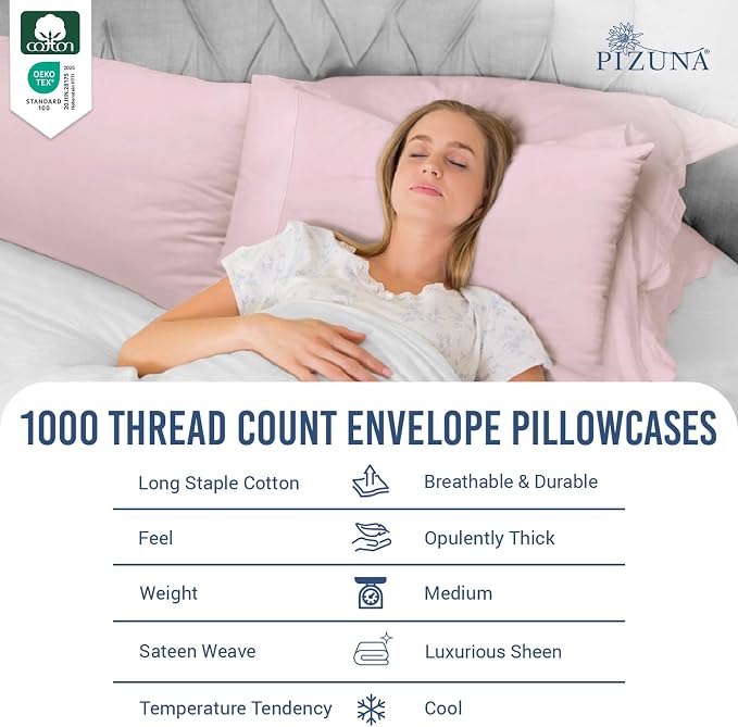 Pizuna 100% Cotton Pillow Cases Queen Size Set of 2 Luxury 1000 Thread Count Sateen Weave Long Staple Cotton Hotel Quality Envelope Closure Pillow Covers Fits Standard/Queen Pillows - Light Pink - Image 2