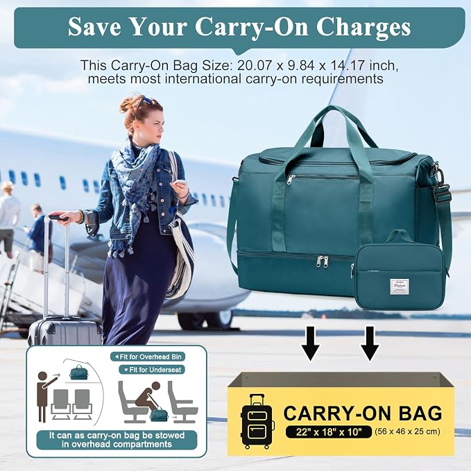 Large Travel Duffle Bag,Carry on Overnight Weekend Bag with Shoes Compartment,Weekender Bags for Women for Travel Business Trips Sport Hospital,2Pcs,Peacock Blue - Image 2