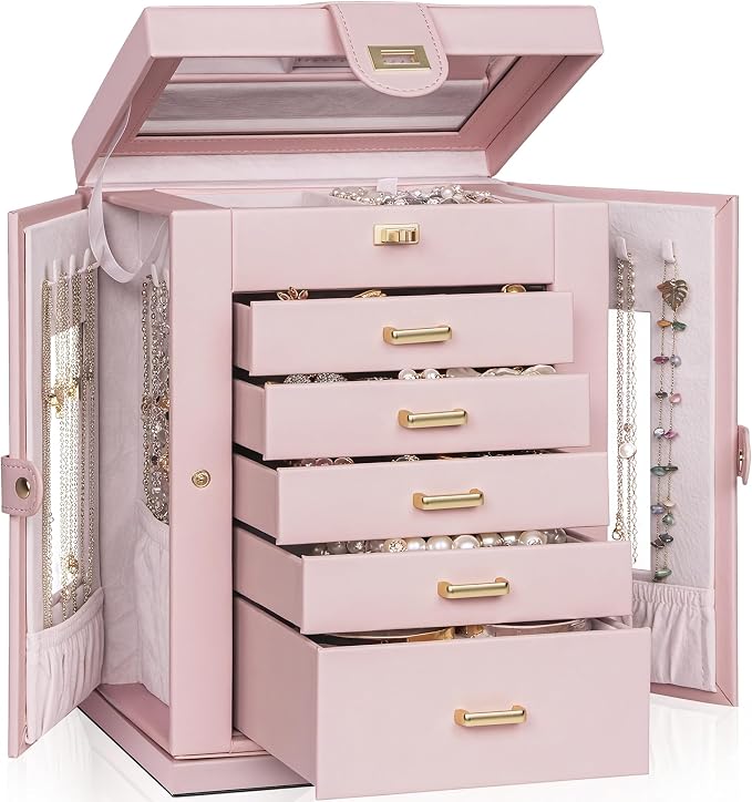 AKOZLIN 6-Tier Jewelry Box Organizer Functional 5 Drawers Leather Jewelry Storage Case for Women Girls Ring Necklace Earring Bracelet Holder Organizer with Mirror Pink 360° Rotating by AKOZLIN