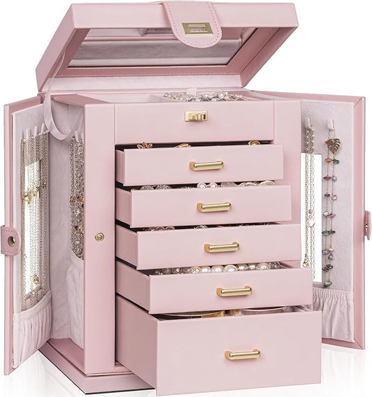 AKOZLIN 6-Tier Jewelry Box Organizer Functional 5 Drawers Leather Jewelry Storage Case for Women Girls Ring Necklace Earring Bracelet Holder Organizer with Mirror Pink 360° Rotating by AKOZLIN