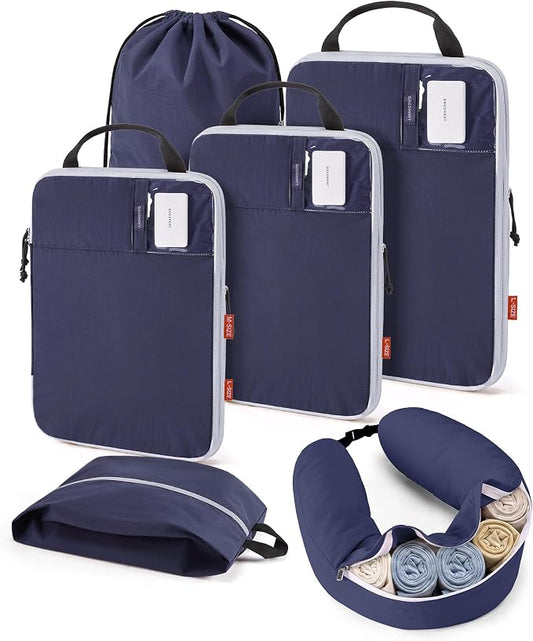BAGSMART 6 Set Compression Packing Cubes Travel Essentials with Neck Pillow | Premium taslan organizer bags for budget airline carry-ons, luggage, suitcases, closets, cruises by BAGSMART