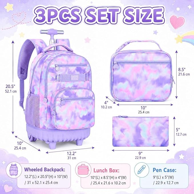 3Pcs Rolling Backpack for Girls, 19 Inche Women Roller Bag with Wheels for Adults, Wheeled Bookbag with Lunch Box(Purple) - Image 4