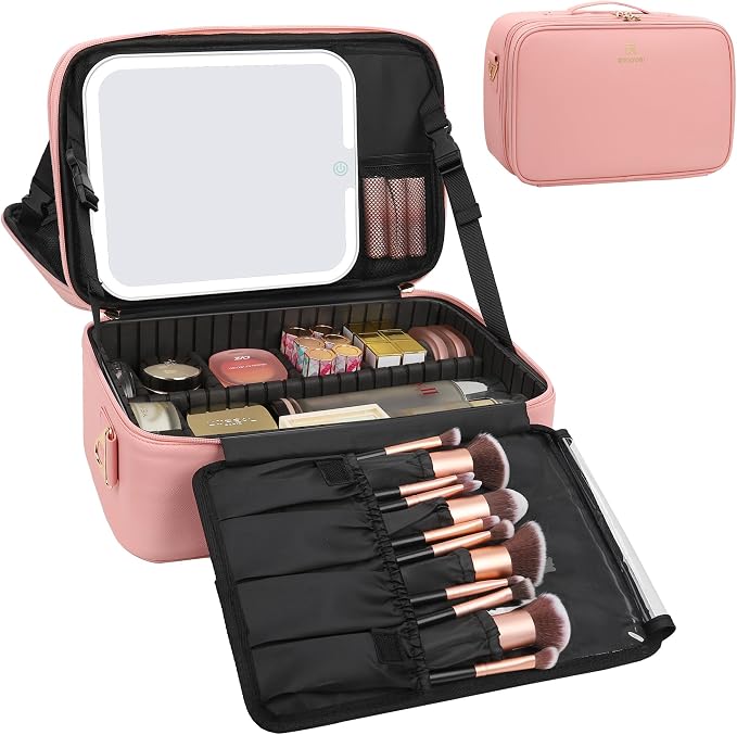 Chomeiu Makeup Bag with LED Mirror, Large Travel Cosmetic Train Case for Women, Makeup Artists Large Organizer Box with Vanity Light Up Mirror, 3 Color Lights, Adjustable Dividers (Pink) by Chomeiu