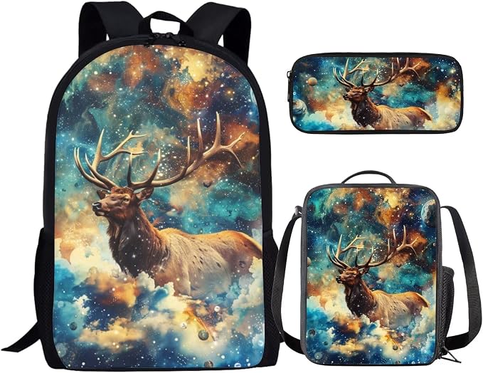 17 Inch Animal Print School Backpack And Lunch Box Set for Kids Lightweight Dreamlike Galaxy Deer Backpack for Boys Girl Sturdy School Bag with Insulated Lunchbox Pencil Case Student Bookbag by Parprinty