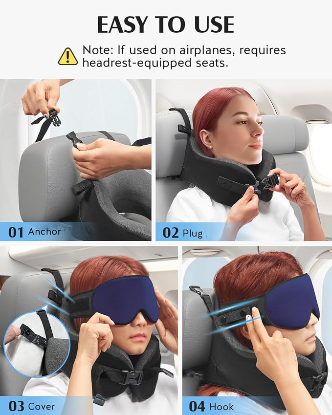 YFONG Travel Pillow for Long Flight Airplanes, Head Strap Combo with 3D Contoured Eye Mask for Sleep, Neck Pillow for Car Trip Essential, 360° Support Memory Foam Headrest, Prevent Bobbing, Blue - Image 6