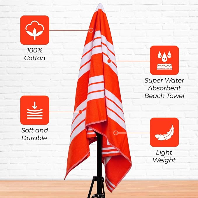 Superior Cotton Cabana Striped Beach Towels, Colorful Towels for Adult, Kid, Pool, Swimming, Sand, Travel, Large Oversized, Absorbent, Fast Drying, Bath Basics, Cabana Collection, 1 Piece, Coral - Image 3