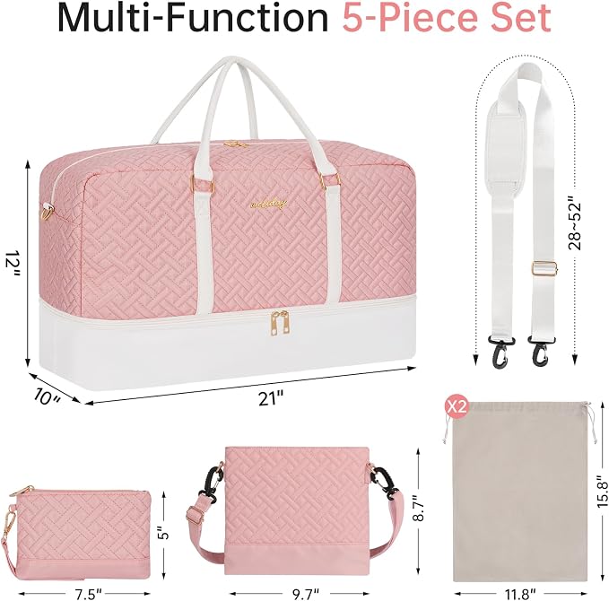 Weekender Bag for Women, 5 Pcs Set Carry on Overnight Bag, 21" Travel Duffel Bag with Waterproof Shoe Compartment for Weekend Travel Business Trip - Image 2