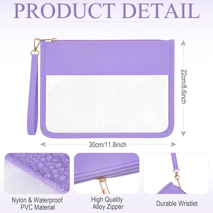Sweetude 24 Pcs Clear Makeup Bags with Wristlet Pouch DIY Chenille Letter Bag Bulk Waterproof Toiletry Flat Preppy Nylon Clear Zipper Pouches Snack Organizer for Women (Pink Purple) - Image 2