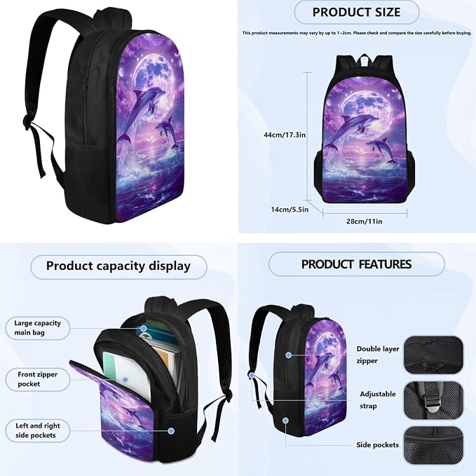 Dolphin Backpack for Girls Kids Backpack with Lunch Box Water Bottle Pouch and Aesthetic Pencil Case 4PCS Set Bookbag with Compartments for School Teens 17 inch Large Elementary School Bag - Image 4