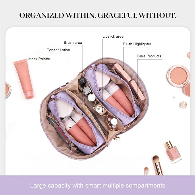 Travel Makeup Bags Cosmetic Organizer: 3Pcs Set Puffy Make up Bag for Women | Purple Premium Quilted ELEGANCE Design | Large Capacity Leather Toiletry Bags | Wide Open Compact Case for Travel Essentials - Image 5