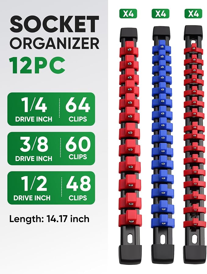 ALOANES 12PC Socket Organizer, Socket Rails Fit 1/2", 1/4" and 3/8" Drive | Heavy Duty ABS Socket Holders Hold 172 Sockets for Toolbox Drawer Bags(Red&Blue) - Image 2