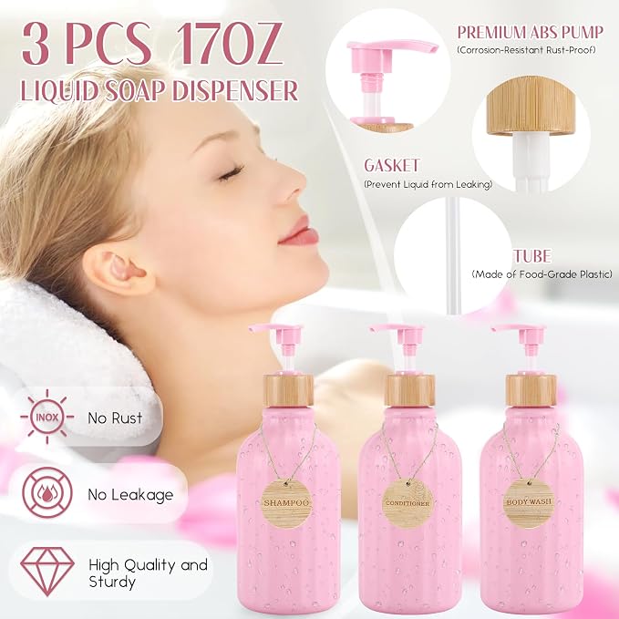 Pink Bathroom Accessories Set 17PCS Bathroom Set with Trash Can 3PCS Lotion Soap Dispenser, Toothbrush Holder, Soap Dish,Tumbler Cup,6PCS Wood Tags Bath Accessories with Tray for Kitchen Bathroom - Image 2