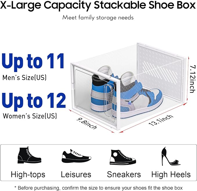 eWonLife Large Shoe Organizer Storage Box with Magnetic Door,12 Pack Clear Plastic Stackable Sneaker Containers for Closet, Connect Left and Right Shoe Box for Entryway, Drop Front, Under Bed (White) - Image 4