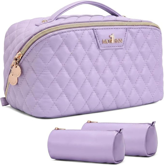 Travel Makeup Bags Cosmetic Organizer: 3Pcs Set Puffy Make up Bag for Women | Purple Premium Quilted ELEGANCE Design | Large Capacity Leather Toiletry Bags | Wide Open Compact Case for Travel Essentials by Unknown