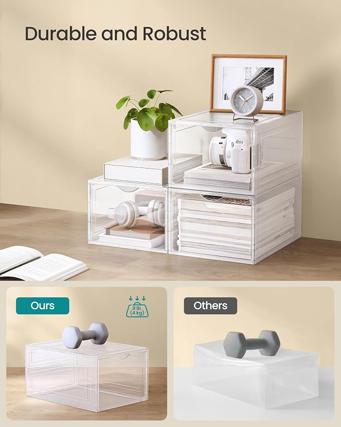 SONGMICS Shoe Boxes, Set of 12, Clear Plastic Shoe Storage, Stackable Sneaker Box, Drop Front Door, Up to US Size 11, Easy Assembly, 13 x 9.8 x 7.1 Inches, Transparent White ULSP032W12 - Image 4