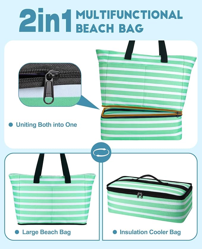 ISEYOU Beach Bag with Cooler, 49L Large Waterproof Sandproof Tote with Zipper, Foldable Travel Bag for Beach, Pool, Picnic - Image 6