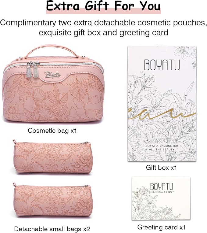 BOYATU Travel Makeup Bags Cosmetic Organizer Bag: 3-Set Large Capacity Make up Bag - PU Leather Toiletry Bags for Women - Wide Open Portable Pouch with Divider & Handle (01-Z-Pink) - Image 7