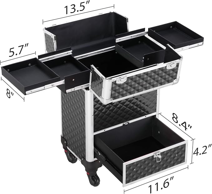 Yaheetech Rolling Makeup Train Case with a Drawer Nail Trolley Black/Silver | Sturdy ABS & aluminum nail cart organizes beauty supplies in side trays and a drawer, rolls smoothly & lockable for travel - Image 5