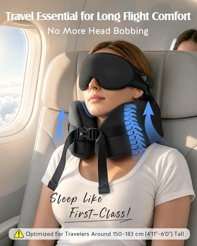 YFONG Travel Pillow for Long Flights, Patented 360° Ergonomic Sleeper Hold Head Support System with Memory Foam Neck Pillow & 3D Sleep Mask, Prevent Head Bobbing for Airplane & Road Trip, Black - Image 2