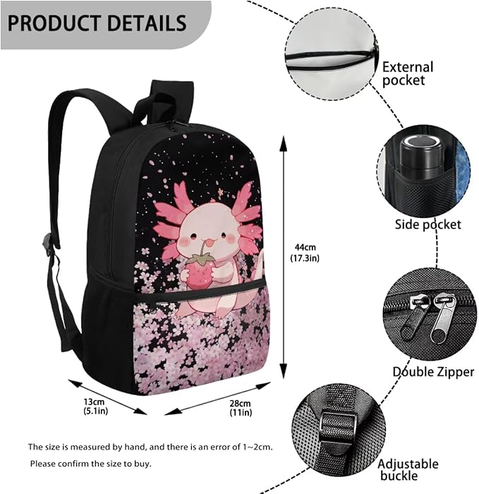 Axolotl School Backpack for Girls 6-8 Years Old with Lunch Bag Elementary Strawberry School Backpack Kids Lunchbox Set 4 Piece Bookbag/Lunch Box/Pencil Case/Water Bottle Holder - Image 3