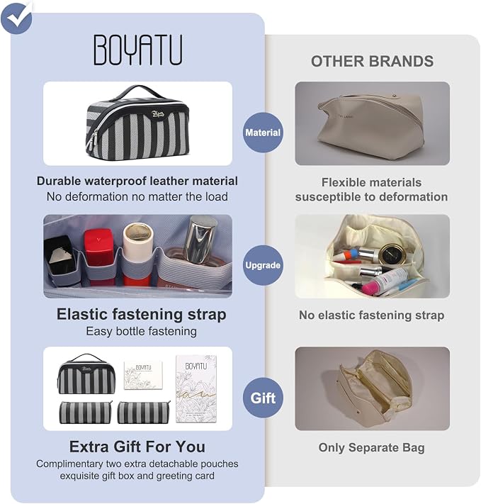 BOYATU Travel Makeup Bag Cosmetic Bag for Women: 3 Pcs Set Striped Make up Bag with Compartments - Waterproof Vegan Leather Toiletry Bag with Handle - Makeup Organizer for Travel Essentials(A-4-Black) - Image 2