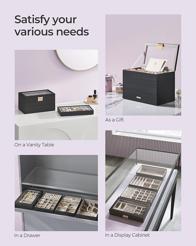 SONGMICS GISELLA Collection - Stackable Jewelry Trays, 4-Tier Jewelry Box, Drawer Jewelry Organizer, with Glass Lid, Removable Dividers, 6.7 x 11 x 7.2 Inches, Gift Idea, Ink Black UJBC164B01 - Image 7