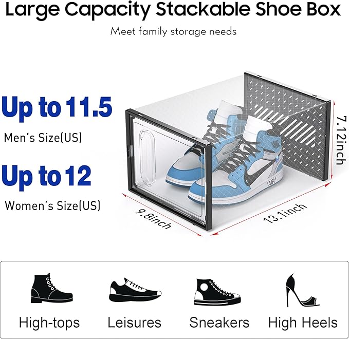eWonLife X-Large Shoe Boxes with Magnetic Door, 12-Pack Stackable Shoes Storage Organizer for Closet, Clear Plastic Sneaker Container Shoe Rack for Size 12, Black - Image 2