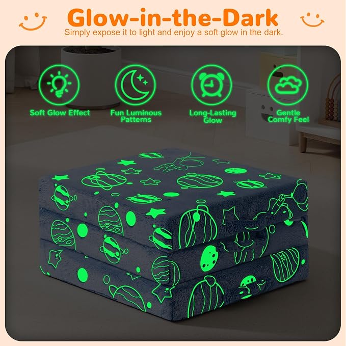 MeMoreCool Glow Space Kids Foldable Floor Mattress Trifold, 57x22 Inch Blue | Glow space trifold mattress for kids room, playroom, reading and travel - Image 7