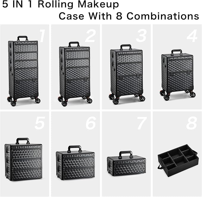 Yueieoun 5 in 1 Makeup Train Case, Cosmetology Case on Wheels Travel Make up Case Rolling Nail Cart Makeup Organizer Cosmetic Storage Box Cases Extra Large Trolley Truck with 360° Swivel Wheels, Black - Image 5