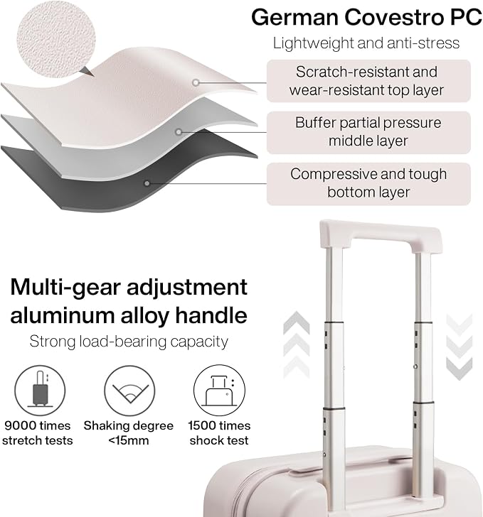 mixi Carry on Luggage, 20'' Suitcase Spinner Wheels Luggage Hardshell Lightweight Rolling Suitcases PC with Cover & TSA Lock for Business Travel, Off White（Slight Pink） - Image 3