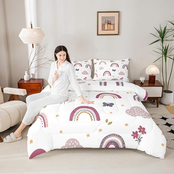 Erosebridal Rainbow Quilt for Kids, Kawaii Flower Comforter Set Cute Butterfly Duvet Insert Twin Size for Girls Boys Children Bedroom Decor, Hand Drawn Iridescent Bedding Set with 1 Pillow Case - Image 2
