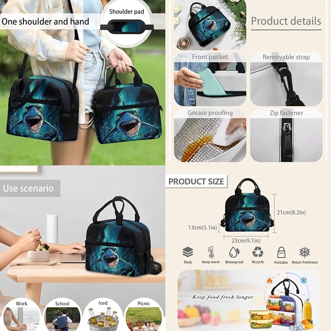 Shark Backpack and Lunch Box Set 4 PCS Schoolbag Book Bag with Insulated Lunch Bag Box Pencil Case Water Bottle Holder Carrier Sling Bag - Image 5