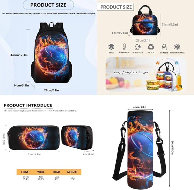 School Backpack for Teens School Bags, Basketball Flame Kids Schoolbag Include Leakproof Lunch Box Pencil Case Water Bottle Organizer for Preschool Elementary Bookbag Travel Daypack - Image 7