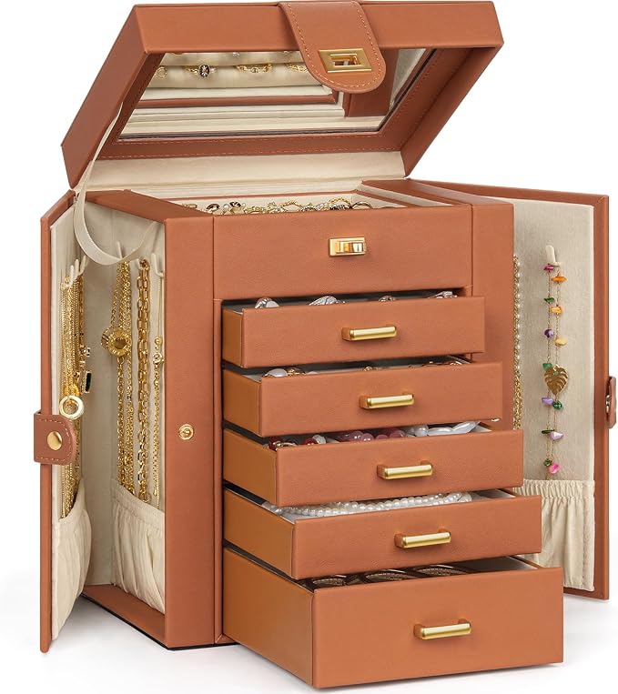 AKOZLIN 6-Tier Jewelry Box Organizer Functional 5 Drawers Leather Jewelry Storage Case for Women Girls Ring Necklace Earring Bracelet Holder Organizer with Mirror Orange Regular by AKOZLIN