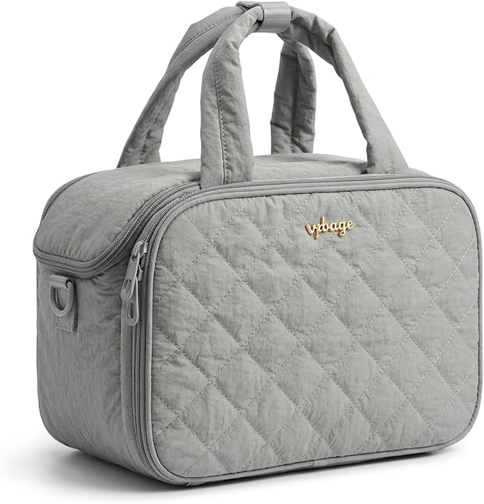 VPBAGE Large Quilted Toiletry Bag for Women, Puffy Travel Makeup Organizer with Removable Divider & Shoulder Strap, Waterproof Standing Cosmetic Case for Full-Size Toiletries, Gym, Vacation by VpbageGear