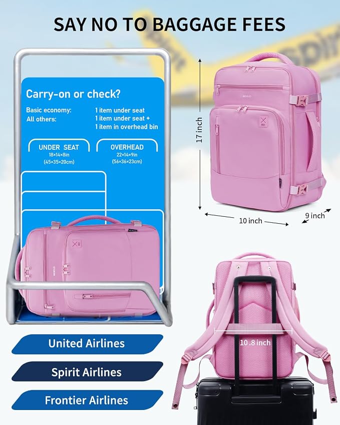 ECOHUB 17" Small Travel Backpack, United Airlines Personal Item Bag 17x10x9 with 16 Pockets, Water Resistant Rucksacks Fit 15.6" Laptop, AirTag Pocket, Lightweight Casual Daypack, 25L, Pink - Image 2
