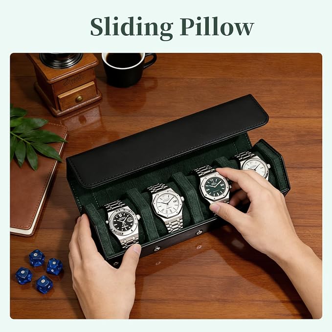 4-Slot Leather Watch Roll Travel Case with Velvet Interior,Black Green | Multiple Watch Capacity,Premium Hexagon Leather,Velvet M-Shaped Cushions,Secure Snap Closure,Storage Organizer - Image 3