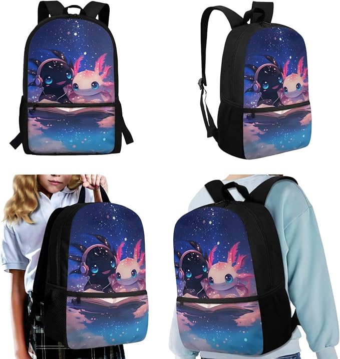 Axolotl Backpack and Lunch Box for Girls 6-8/5-7 Book Lover Bookbag with Lunch Bag Set 3PCS Galaxy Space Elementary School Back Pack Kids Primary Book Bags Lunchbox Pencil Case Kindergarten - Image 2