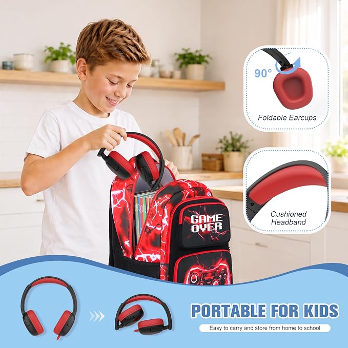 Bevalsa Backpack for Boys, School Bags for Kids with 3.5mm Jack Wired Headphones, Lunch Box & Pencil Case, Gamer Backpack for Kids Children Teens for Elementary Middle School Student (Red Lightning) - Image 7