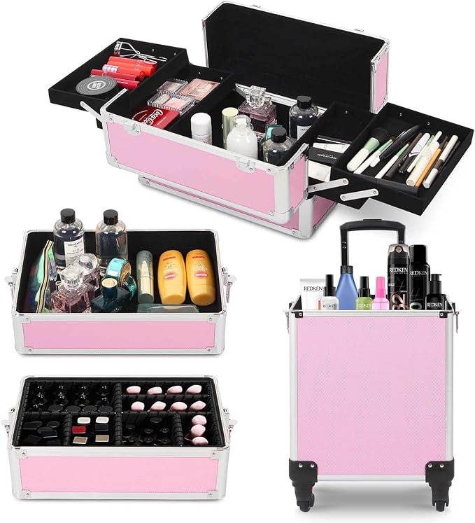 4 in 1 Rolling Makeup Train Case, Large Storage Cosmetic Trolley Makeup Travel Case with Key & Wheels Salon Barber Case Traveling Cart Trunk, Pink - Image 8
