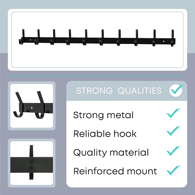 Coat Rack Wall Mount – 30 Inch Stainless Steel Hook Rail with 10 Double Coat Hooks for Hanging – Wall Mounted Entryway Organizer for Coats, Hats, Bags, Towels, Robes, Bedroom or Bathroom - Black - Image 3